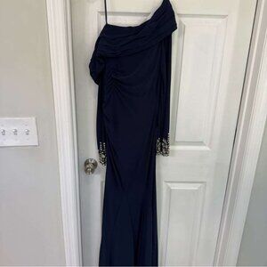 Ieena for Mac Duggal Midnight Blue Embellished Long Sleeve Dress